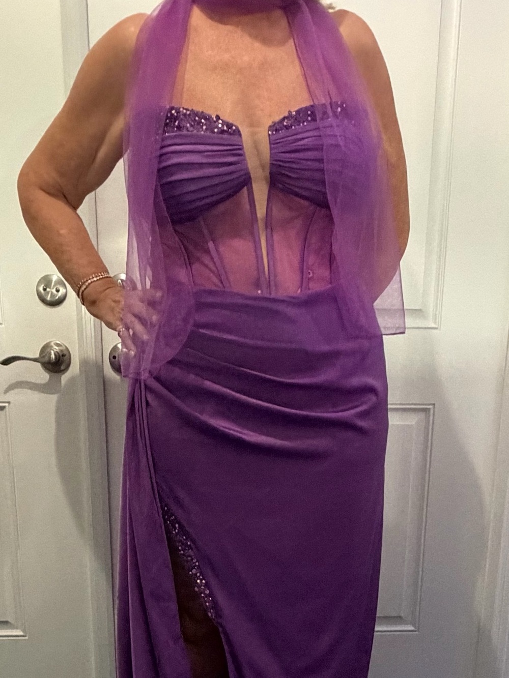 May Queen Strapless Purple Beaded Sheer Bodice Evening Gown 14